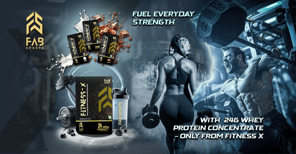 Fab Sports Fitness X whey protein concentrate with 24g protein, featuring athletes and gym visuals.