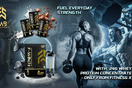 Fab Sports Fitness X whey protein concentrate with 24g protein, featuring athletes and gym visuals.