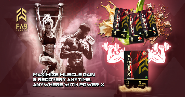 Fab Sports Power-X whey protein with athletes and flavor packs.