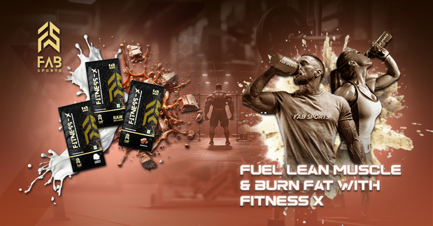 Fitness X whey protein by Fab Sports with athletes in gym.