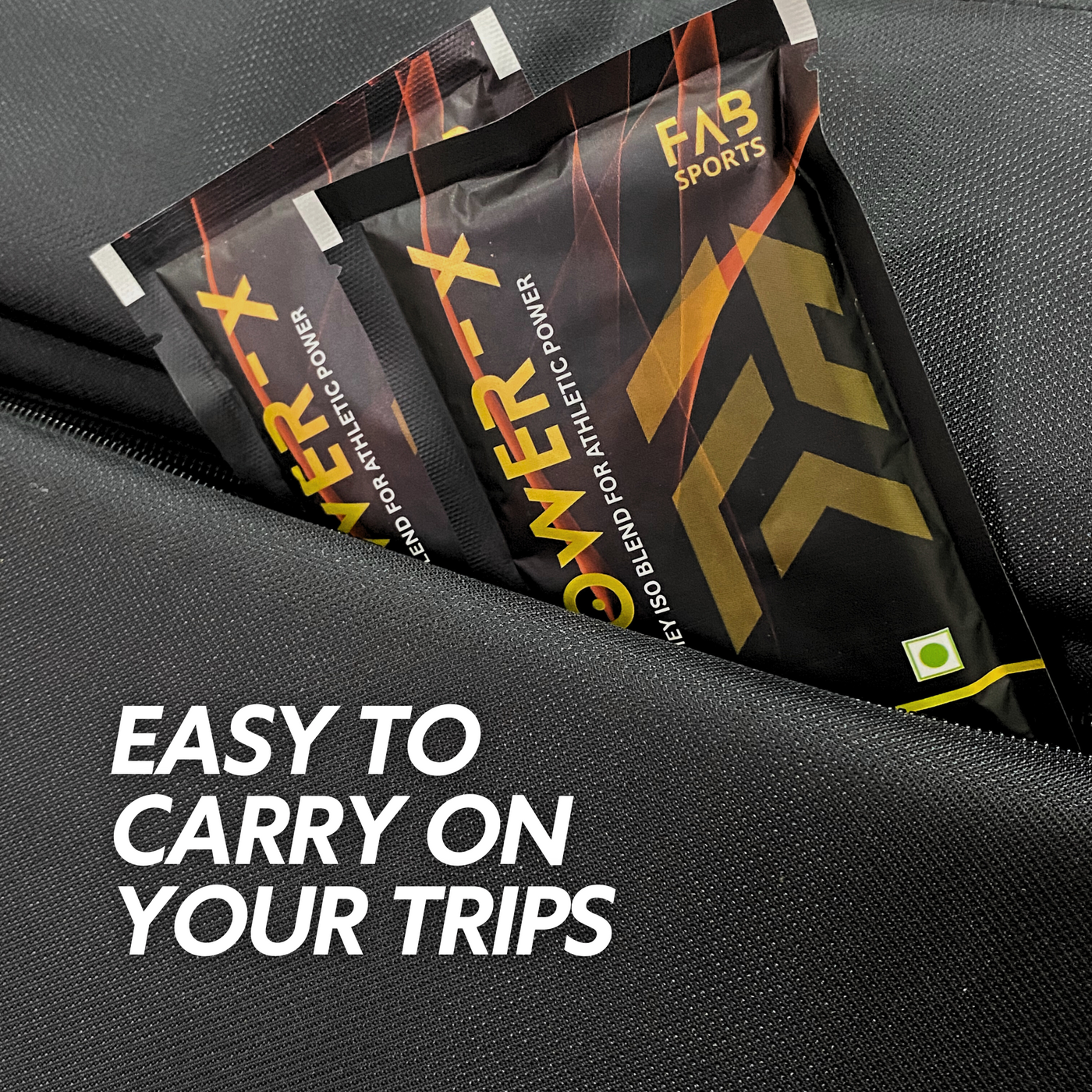 Real FAB SPORTS protein sachets packed for travel