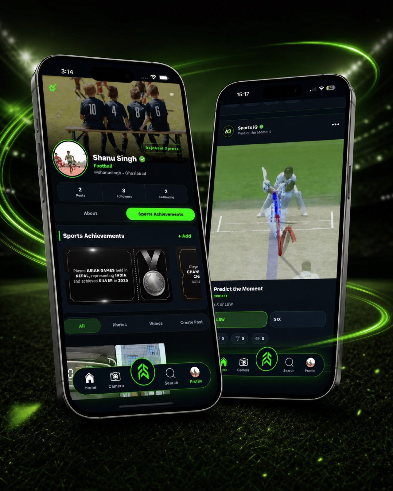 FAB SPORTS athlete profile and Sports IQ app screens in a stadium setting