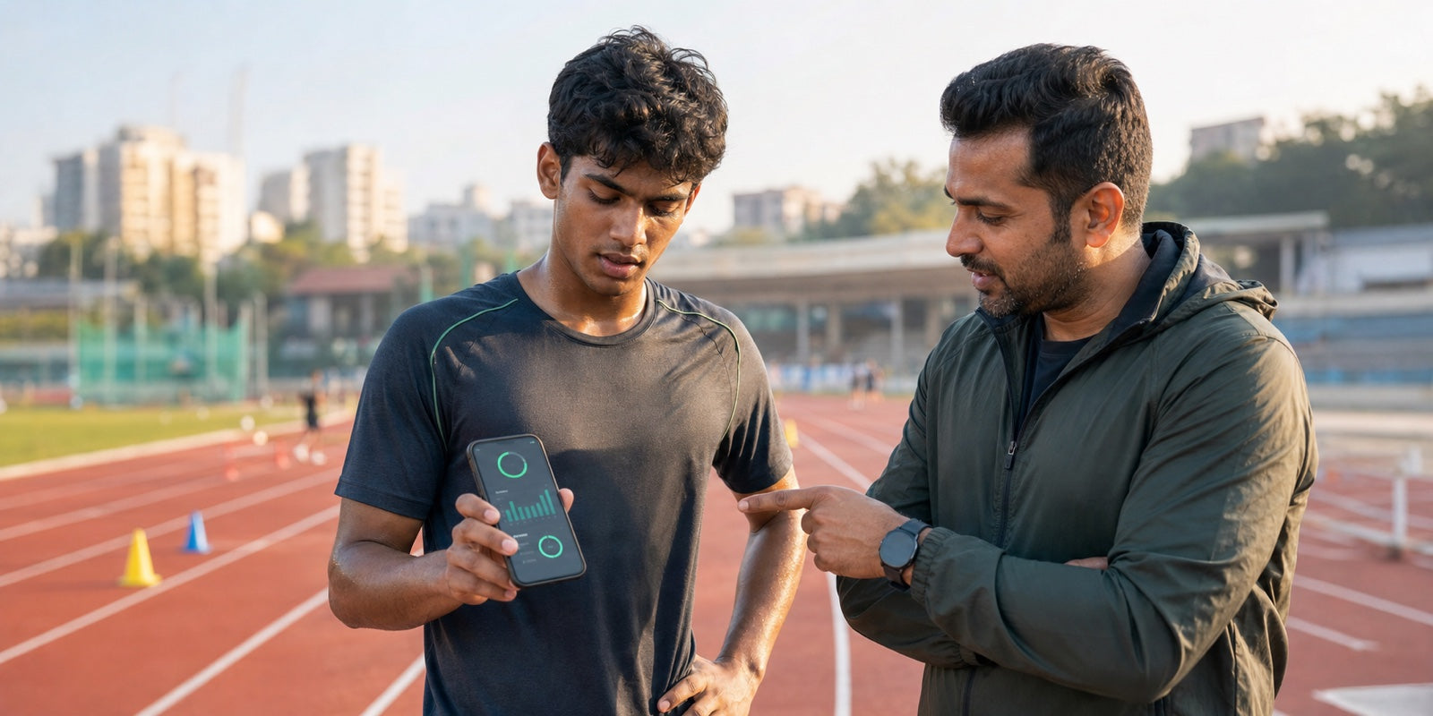 Athlete and coach reviewing sports performance information